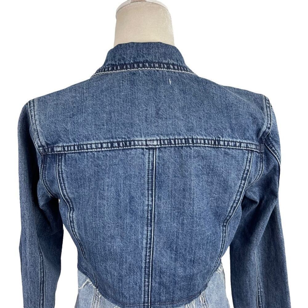 LUCKY BRAND Remade Distressed Denim Waisted Trucker Jacket Raw Frayed Hem XS - Picture 14 of 15